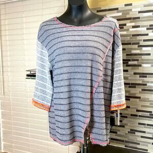 Oddi sweater. Fun fashion blue, pink trim orange cuff. Size S (PP5)